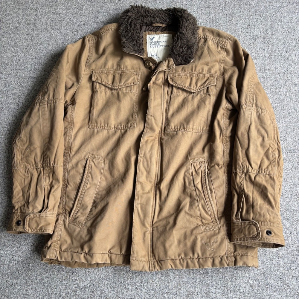 American Eagle VTG Jacket Mens L Field Coat Tan Faux Fur Collar Utility Canvas